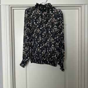 Zara Navy Grey Ruffled Puff Sleeve Blouse